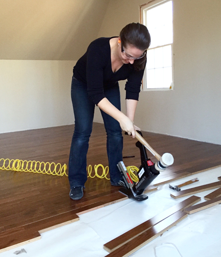 install hardwood flooring sherry using power nailer