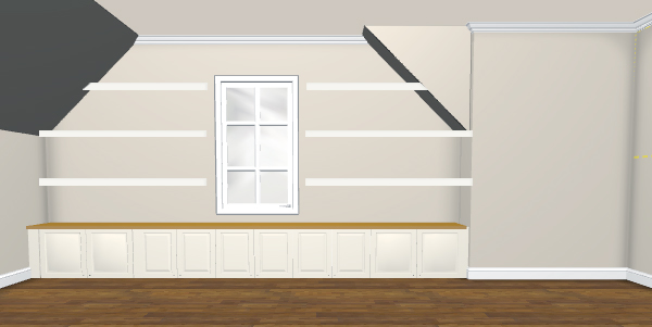 Rendering of built-in cabinets and floating shelves using Ikea 3D Kitchen Planner