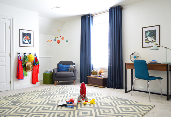 Boys Outer-Space-Bedroom-Rug-Blue-Curtains