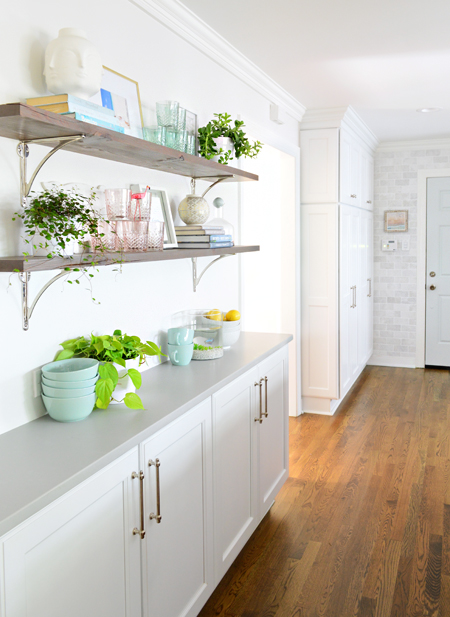 reclaimed wood shelves angle view