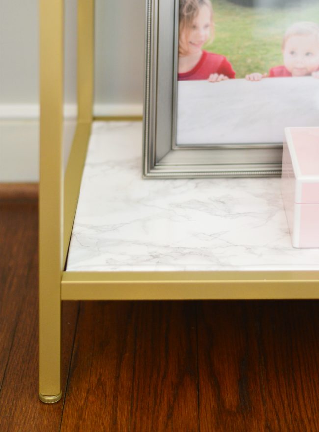 ikea metal shelf hack with gold spray paint marble contact paper