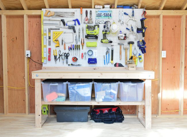 shed storage ideas tool workbench with pegboards