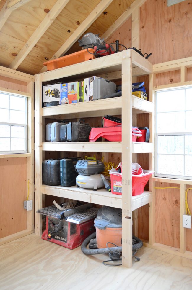 shed storage ideas DIY heavy duty wood shelves