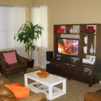 Neutral Living Room With A Leather Sofa & Dark Wood Furniture