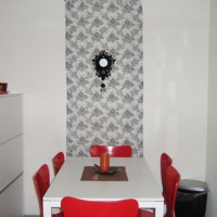 Kitchen Makeover With Red Chairs And Fabric On The Wall