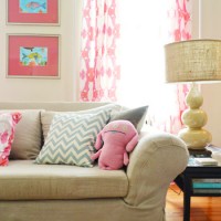 Happy and Bright Farmhouse Living Room With Pink Curtains