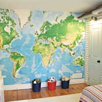 A Kids Bedroom With Map Wallpaper & Bunk Beds