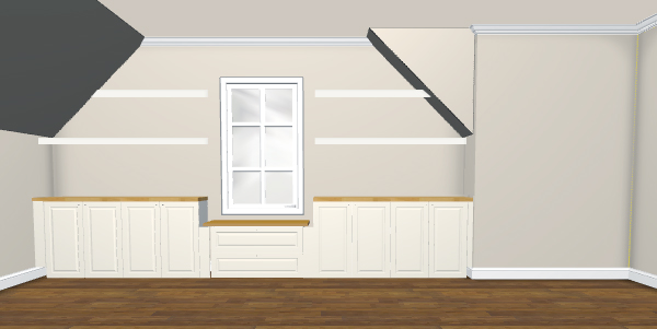 Rendering of built-in cabinets and two floating shelves using Ikea 3D Kitchen Planner