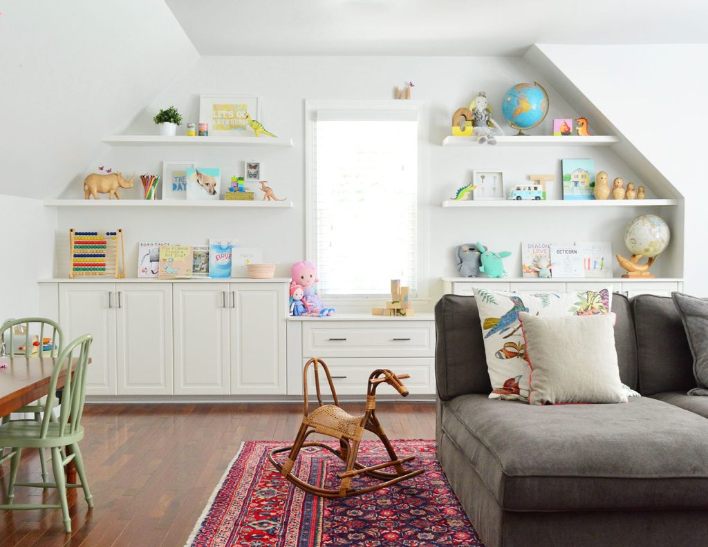 Built-In Cabinets With Floating Shelves In Window Niche