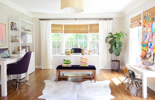 four ikea lenda panels across bay window in home office