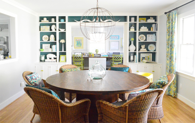 built-in-bookshelves in dining room blue background