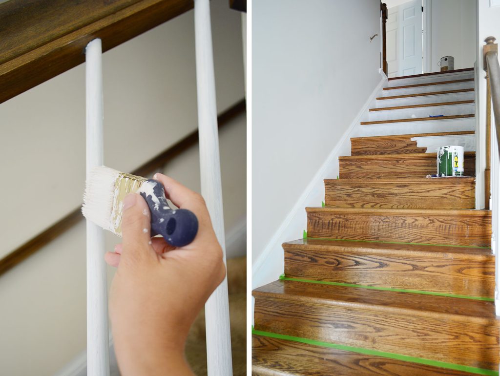 Side by Side of Painting Railing Baluster and Stair Riser White