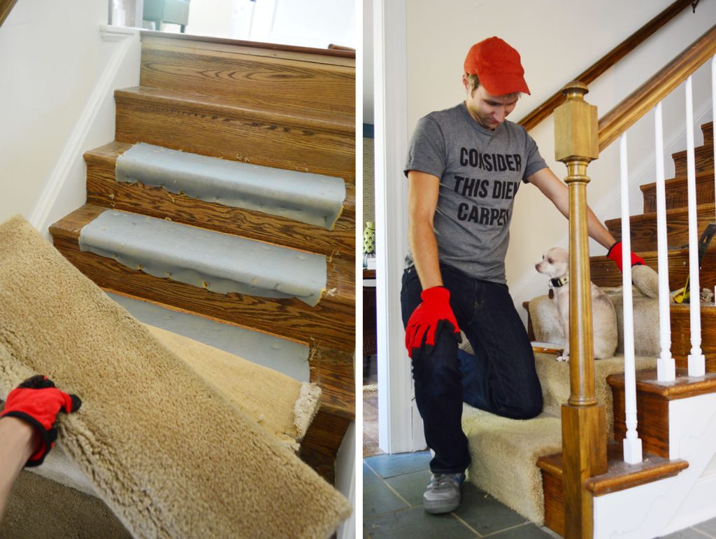 Side By Side Of Process Of Removing Old Carpet From Stairs