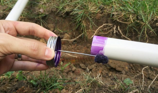 applying purple primer to irrigation system pvc pipe