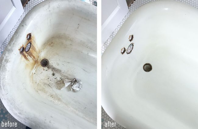 Side by side before and after of cleaned inside of antique clawfoot tub