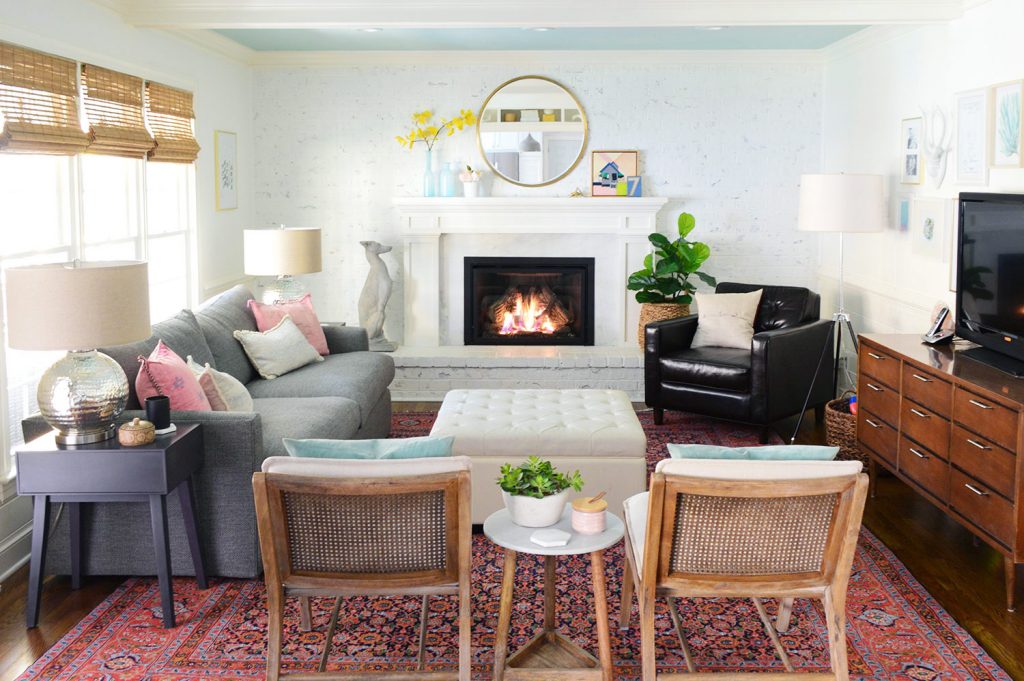 Fireplace in white living room to heat home