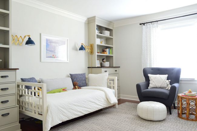Boys Bedroom With Gray Build-In Bookcases And Day Bed With Reading Lamps