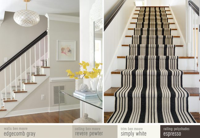 Black And White Stair Runner Traditional Stairs | Edgecomb Gray Walls | Revere Pewter Ceiling | Simply White Trim | Espresso Railing