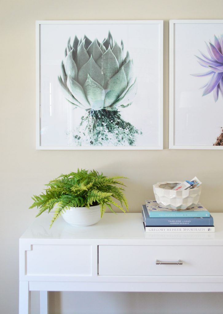 Art print on dining room wall with succulent