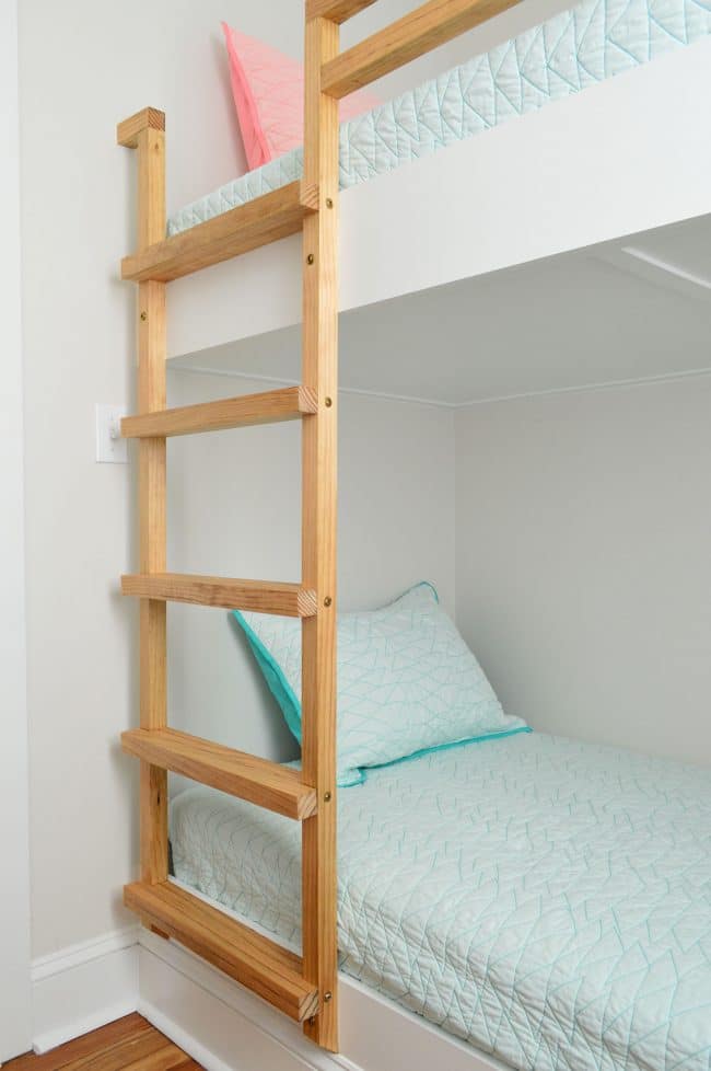 stained wood ladder for wall to wall bunk beds