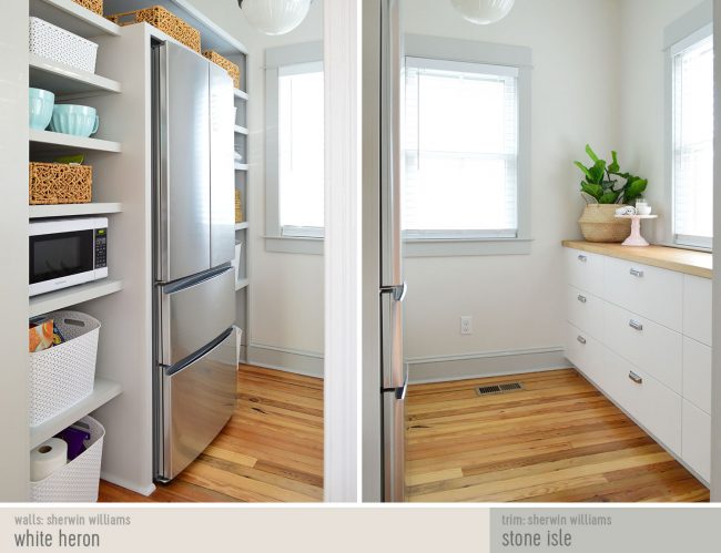 Side-By-Side After Photo Of Beach House Pantry With Paint Colors | White Heron | Stone Isle