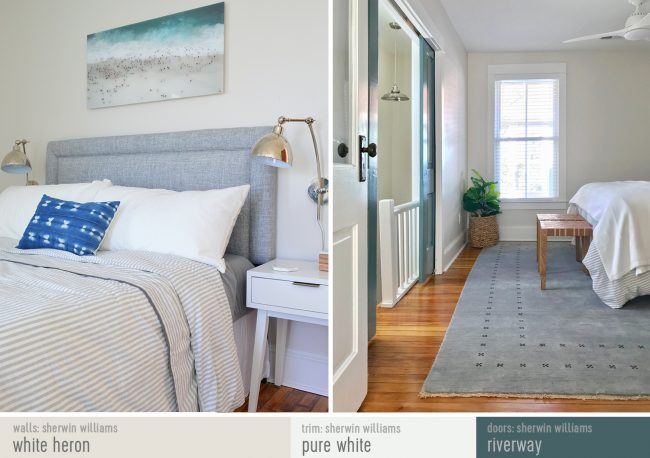 Side-by-Side After Photo Of Beach House Back Bedroom With Paint Colors | White Heron | Pure White | Riverway