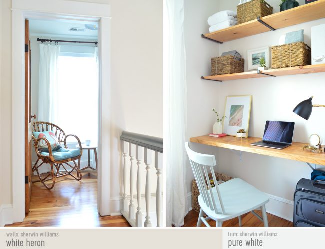 Side By Side After Photo of Beach House Office Nook With Paint Colors | White Heron | Pure White