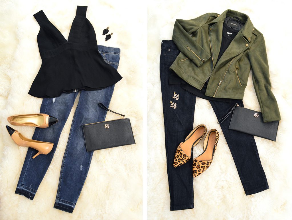 Two flat lay outfit combinations with jeans and jackets and purses and shoes and accessories