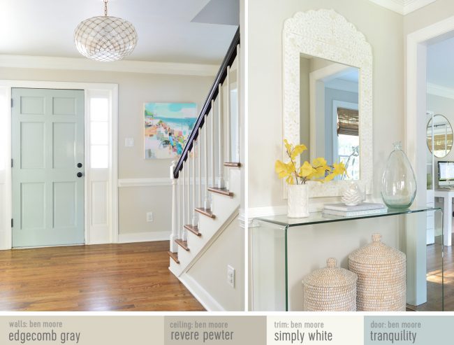 Side-BySide Photos Of Traditional Foyer With Paint Colors | Edgecomb Gray | Revere Pewter | Simply White | Tranquility