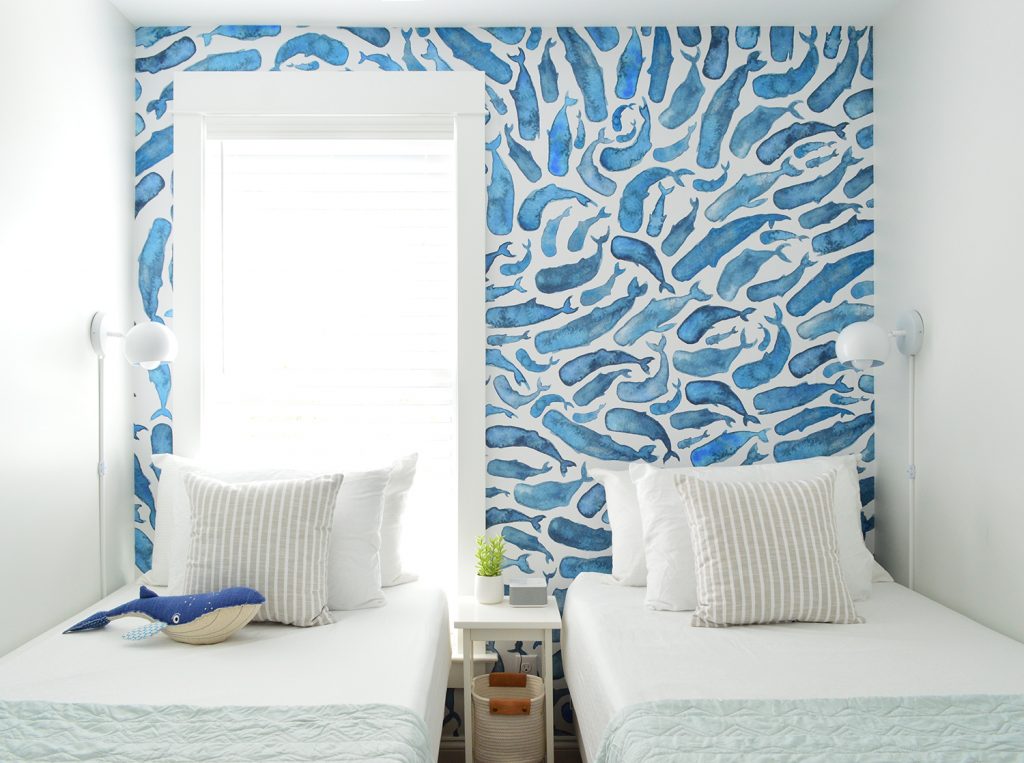 Final Bunk Room With Colorful Blue Whale Wallpaper Accent Wall From Society6