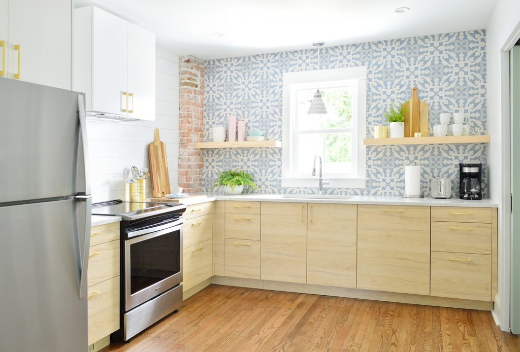 Wood Askersund Ikea Cabinets With Blue Tile Backsplash