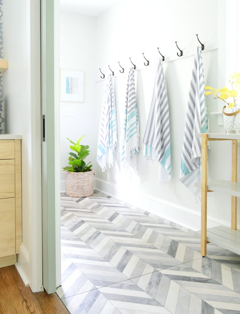 Dupex Mudroom Hook Rail With Beach Towels Chevron Tile Floor