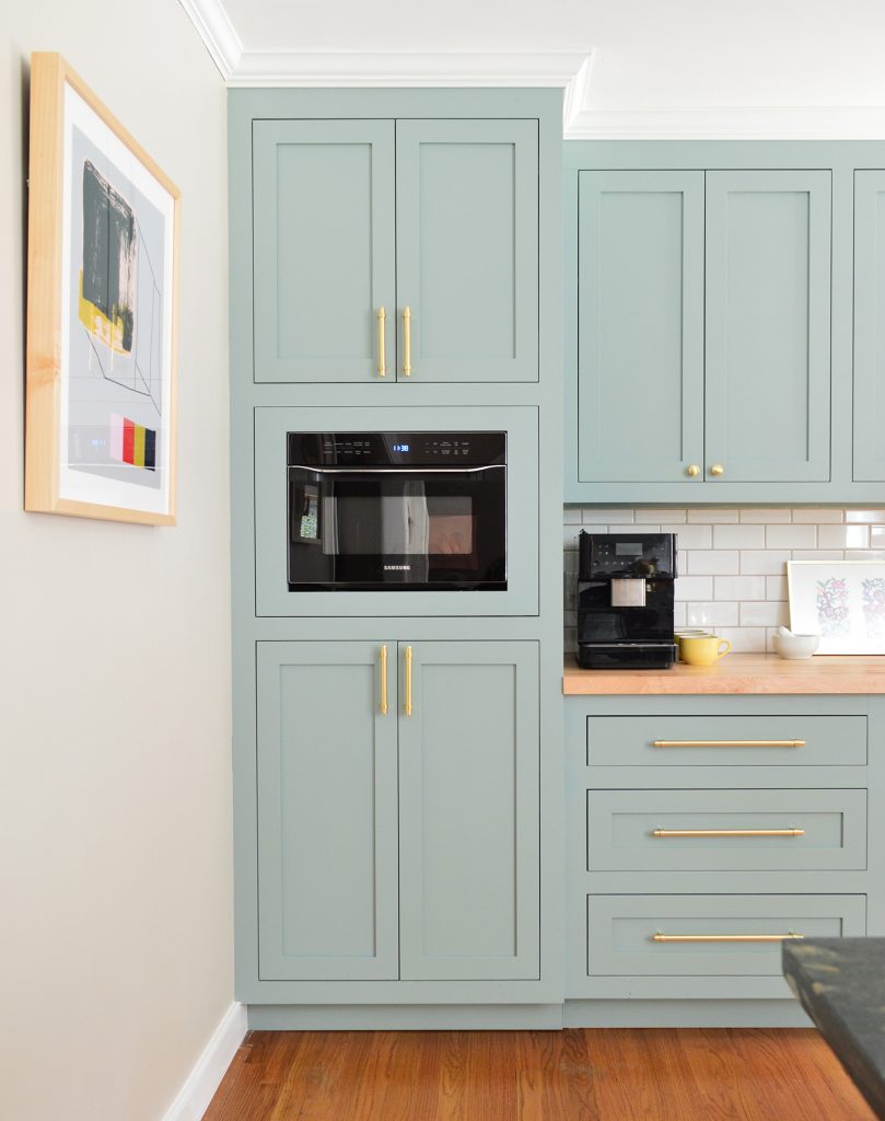 Tall Pantry Cabinet With Wall Microwave In Halcyon Green Blue Kitchen