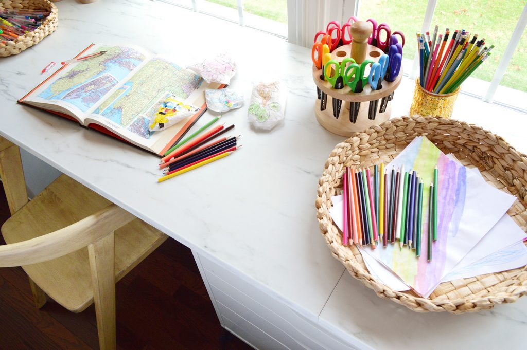 Top View Of Kids Art Desk Using Ikea Ekbacken Marble Laminate Counter Tops