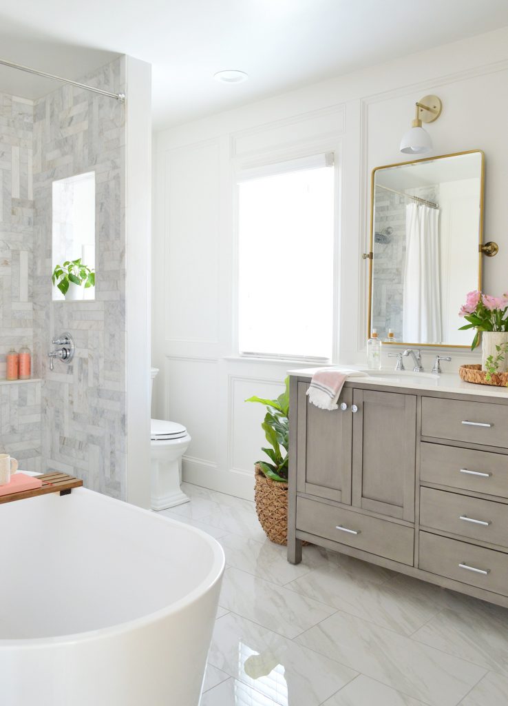 Contemporary Marble Bathroom With Walk In Shower Gray Vanity And Plants
