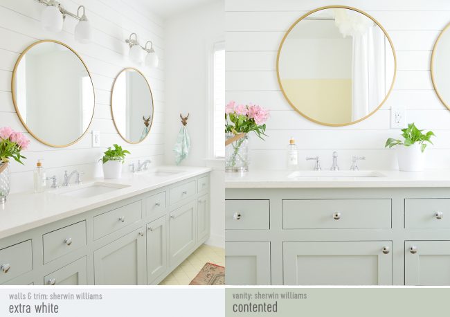 Classic Bathroom With Extra White Shiplap Walls And Contented Painted Vanity