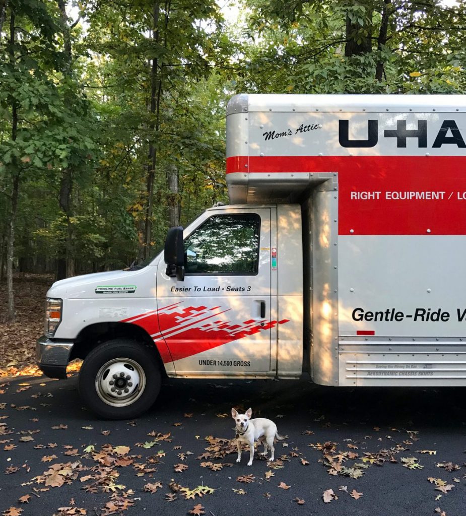 Uhaul moving truck with chihuahua out front
