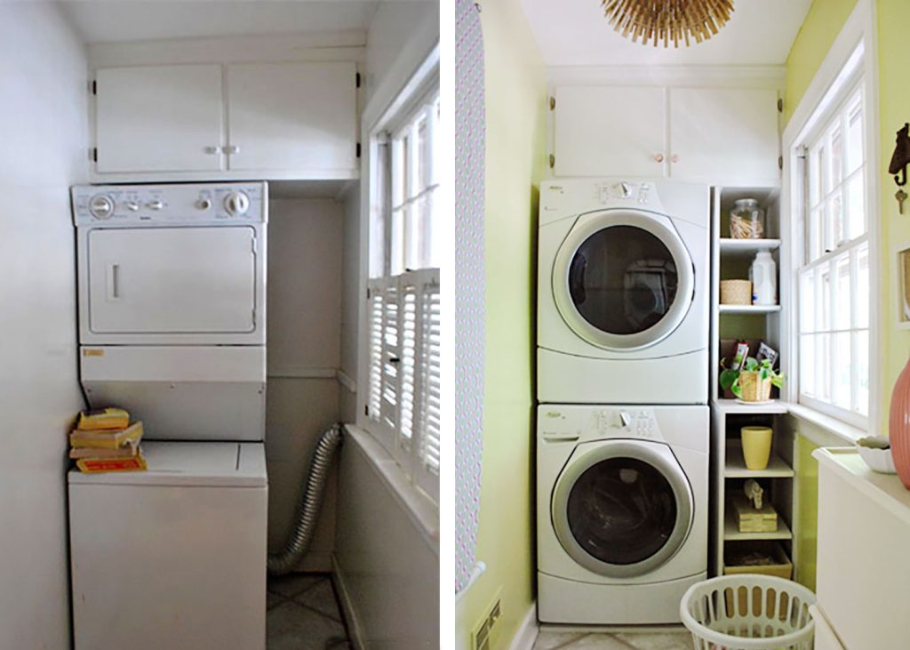 Before and after of laundry makeover with narrow shelves built into niche
