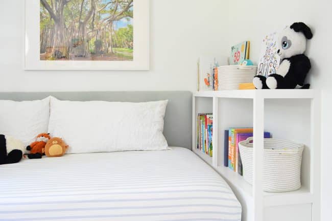 Custom DIY Bookshelf At Foot Of Boys Room Daybed With Upholstered Headboard