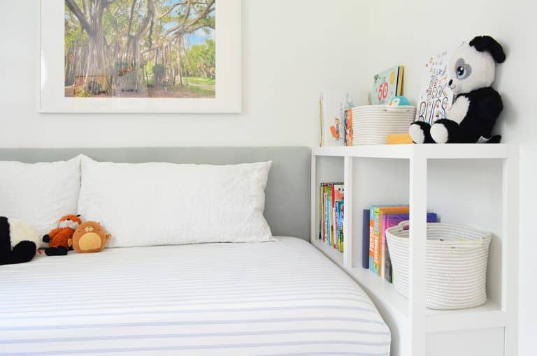 Custom DIY Bookshelf At Foot Of Boys Room Daybed With Upholstered Headboard