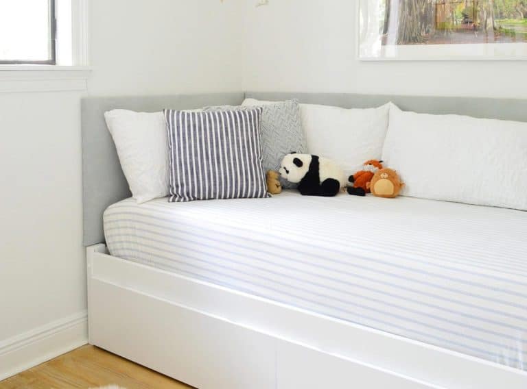 Custom DIY Bookshelf At Foot Of Boys Room Daybed With Upholstered Headboard