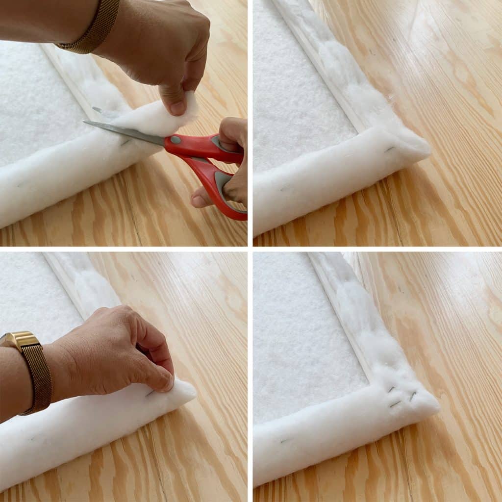 Step-by-step details of stapling and folding corner of fabric batting for DIY headboard project