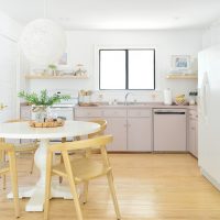 Minimal Kitchen With Mauve Painted Cabinets And Pedestal Table