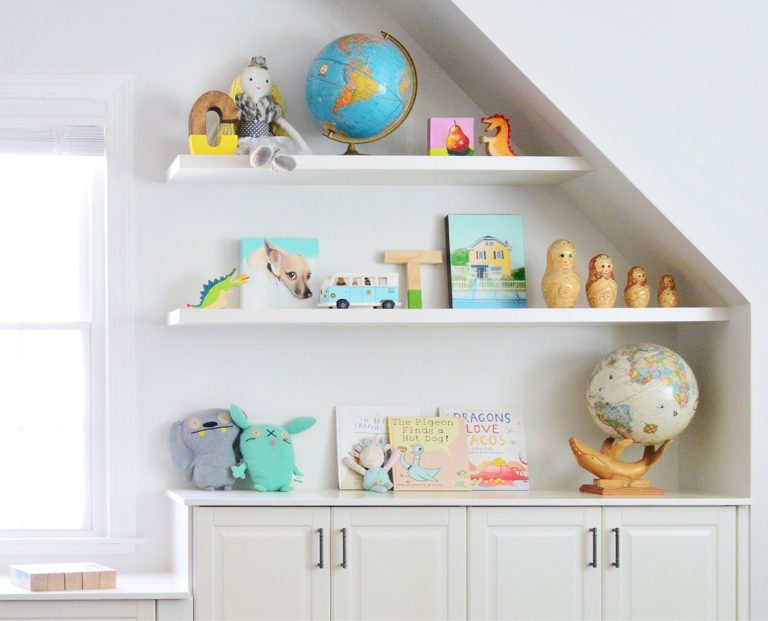 White DIY Floating Shelves In Playroom With Toys