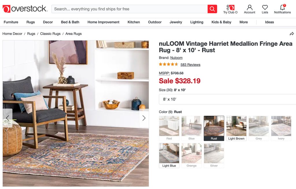 Screenshot Of NuLoom Vintage Harriet Medallion Fringe Area Rug Listed On Overstock