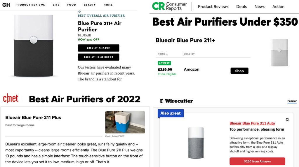 Screenshot Of Best Air Purifier Round Ups | Good Housekeeping | Consumer Reports | CNET | Wirecutter