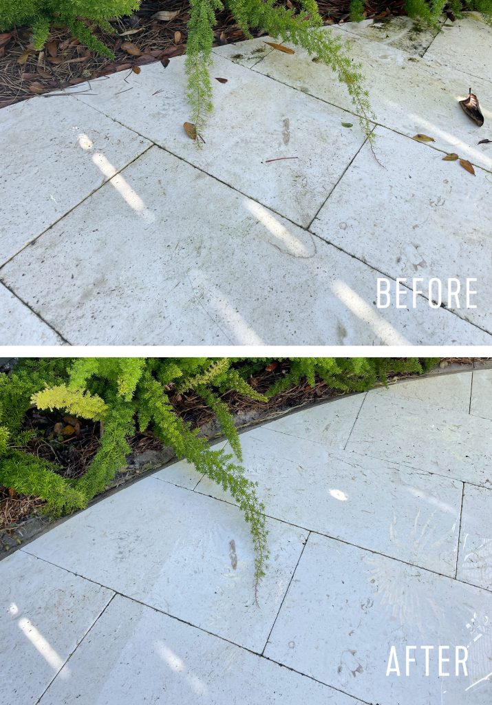 Side by Side Before And After of Pressure Washed Pool Patio Stone