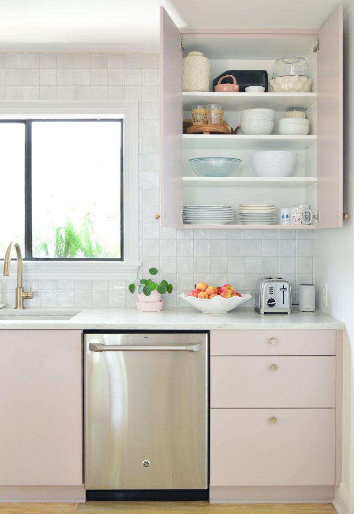 Open View of Upper Cabinet In Painted Ikea Kitchen With Plate Storage