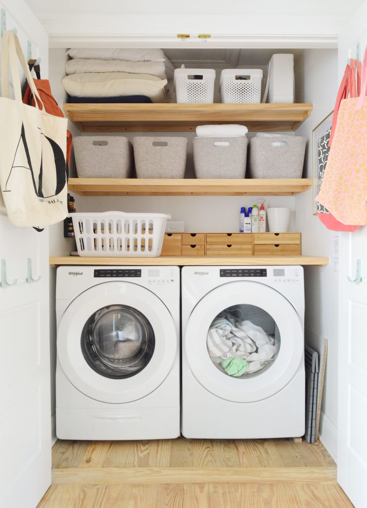 Laundry Closet With Blonde Wood DIY Storage Shelving