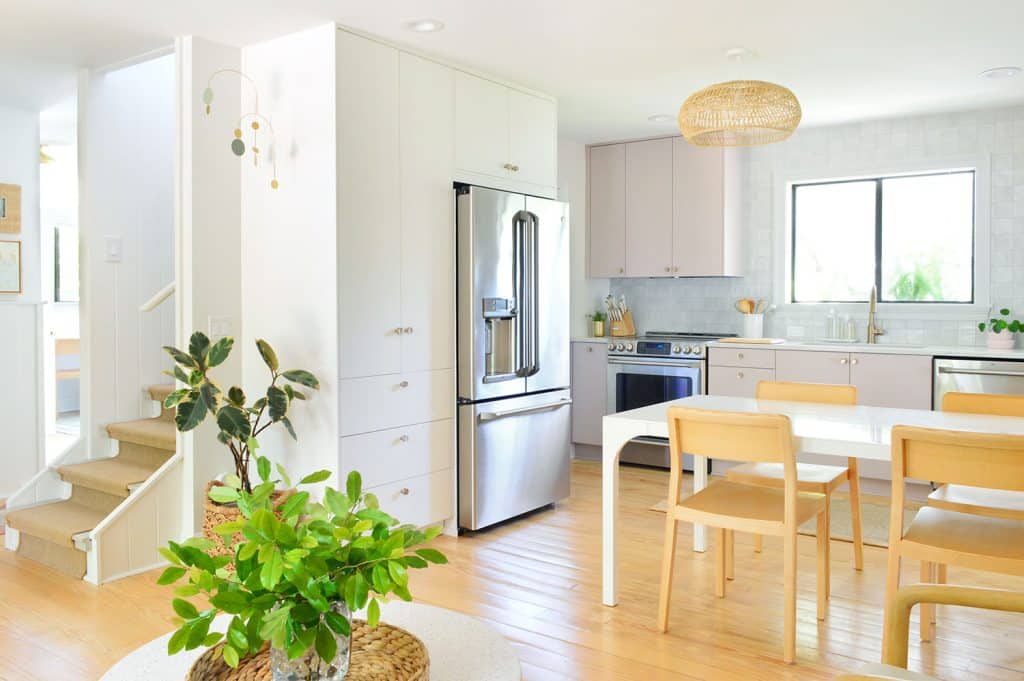 Ikea Kitchen With Painted And White Cabinets With Wood Accents And Jute Stair Runner